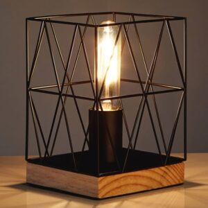 Boke Black Wire Frame Table Lamp With Natural Wooden Base