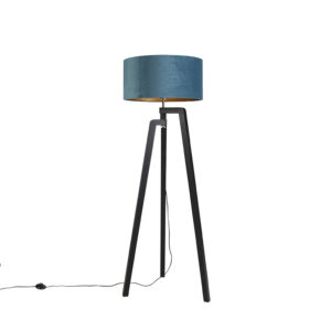 Floor lamp tripod black with blue shade and gold 50 cm - Puros