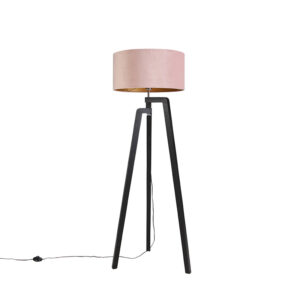 Floor lamp tripod black with pink shade and gold 50 cm - Puros