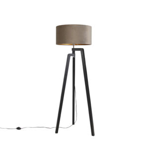 Floor lamp tripod black with taupe shade and gold 50 cm - Puros