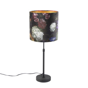 Table lamp black with velor shade flowers with gold 25 cm - Parte
