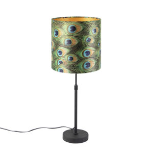 Table lamp black with velor shade peacock with gold 25 cm - Parte