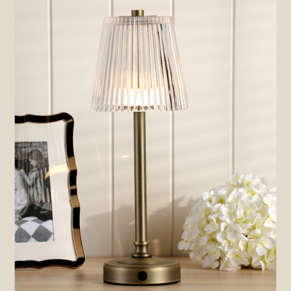 Laura Ashley Callaghan Portable LED Table Lamp In Matt Antique Brass With Ribbed Glass