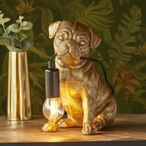 Cesme Resin Pug Puppy Shape Table Lamp In Vintage Gold